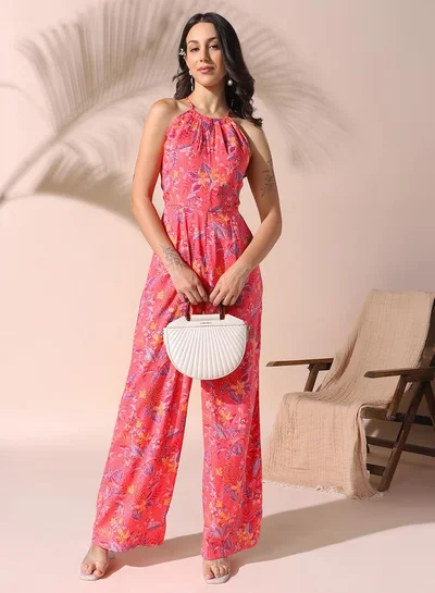 Dennis Lingo Women's Coral Red Rayon Printed Knee Length Shirt Regular Fit Dress