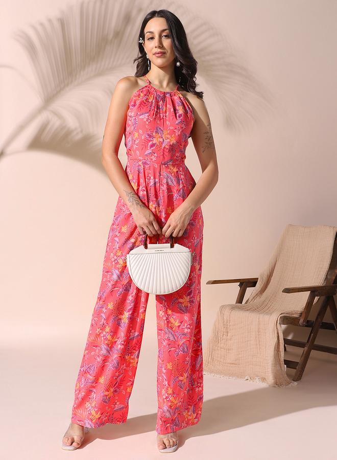 Dennis Lingo Women's Coral Red Rayon Printed Knee Length Shirt Regular Fit Dress  - Image 1