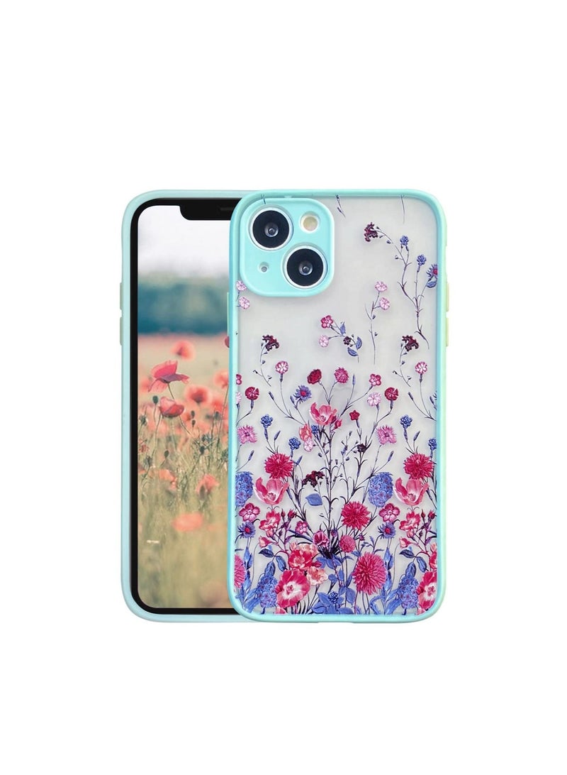 كابتن تيك متوافق مع جراب iPhone 13 لطيف مرسومة يدويًا على شكل زهرة ونمط أزهار شفافة للنساء والفتيات المتجمد الصلب واقي خلفي من السيليكون المقاوم للصدمات لهاتف iPhone 13 - أخضر نعناعي - Image 1