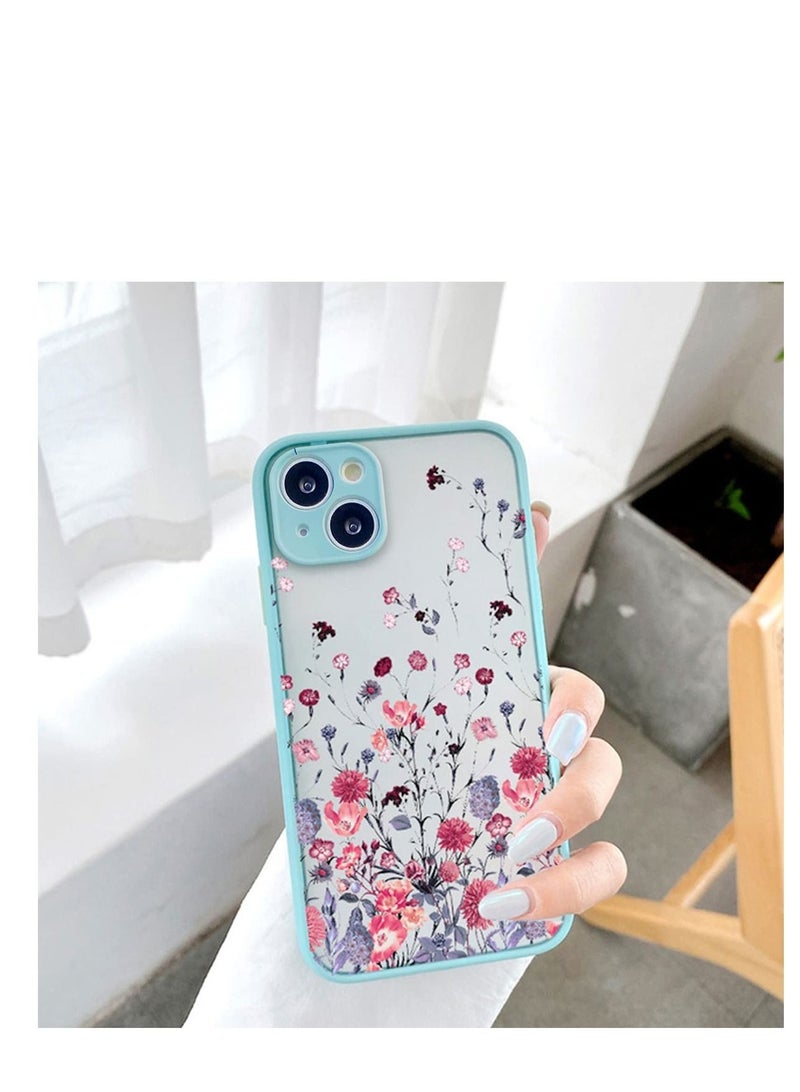 كابتن تيك متوافق مع جراب iPhone 13 لطيف مرسومة يدويًا على شكل زهرة ونمط أزهار شفافة للنساء والفتيات المتجمد الصلب واقي خلفي من السيليكون المقاوم للصدمات لهاتف iPhone 13 - أخضر نعناعي - Image 2