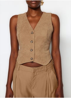 trendyol Camel Fitted Buttoned Suede Crop Woven Vest TWOAW24YE00044  - Image 3