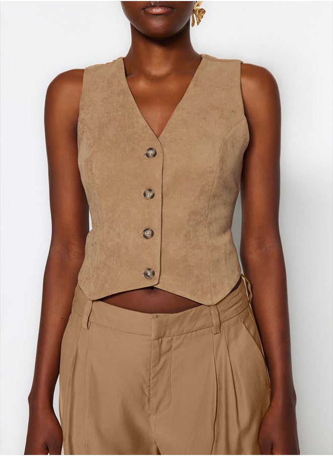 trendyol Camel Fitted Buttoned Suede Crop Woven Vest TWOAW24YE00044  - Image 3