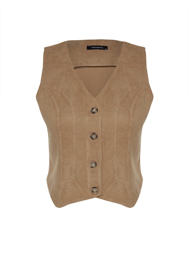 Camel Fitted Buttoned Suede Crop Woven Vest TWOAW24YE00044