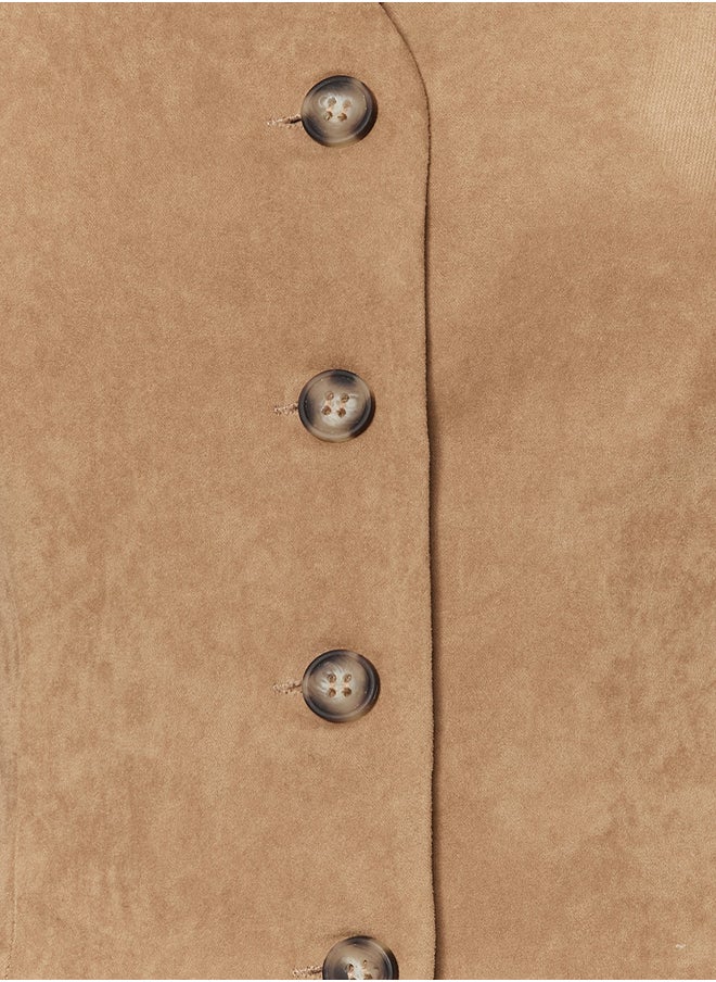 trendyol Camel Fitted Buttoned Suede Crop Woven Vest TWOAW24YE00044  - Image 5