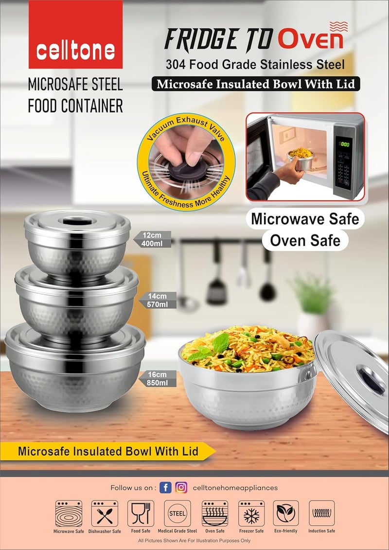 Celltone Microwave Safe 304 Stainless Steel Food Container FridgetoOven Bowl with Vacuum Freshness Seal ComboSet of400ml570ml 850ml - Image 5