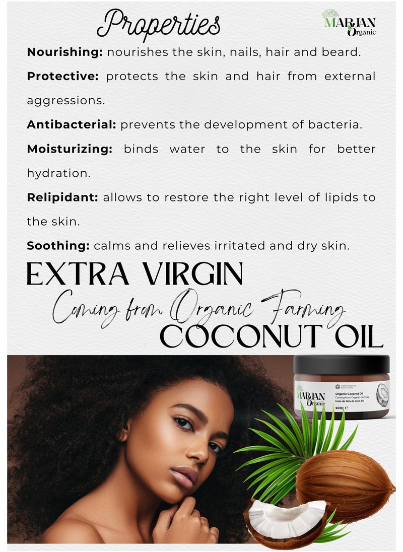 MARJAN ORGANIC 100% Organic Cold Pressed Virgin Coconut Oil, 100g, For Smooth Hair & Glowing Skin, Nourishing & Hydration All Skin Types, Massage Oil, 100% Virgin, unrefined & chemical-free  - Image 2