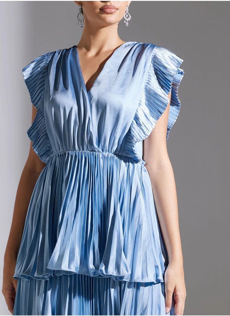 True Decadence Plunge Neck Pleated Tiered Maxi Dress