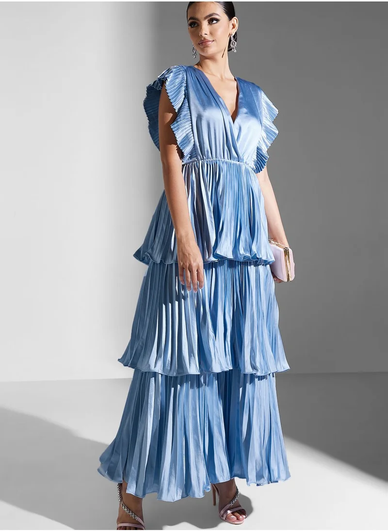 True Decadence Plunge Neck Pleated Tiered Maxi Dress