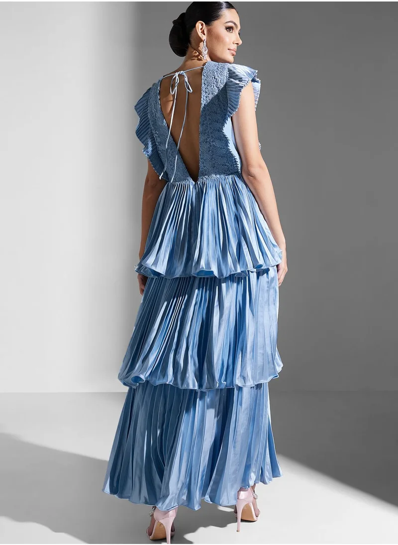 True Decadence Plunge Neck Pleated Tiered Maxi Dress