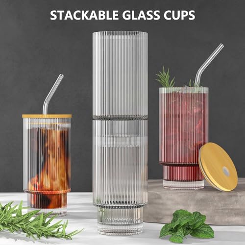 SYANKA Stackable Glass Sipper with Wooden Lid and Straw Pack of 2, 300 ML - Coffee Mug with Lid, Use as a Travel Mug, Mason Jar, Can Sipper, Juice Cup. Ideal for Coffee, Green Tea, Iced Tea - Image 3