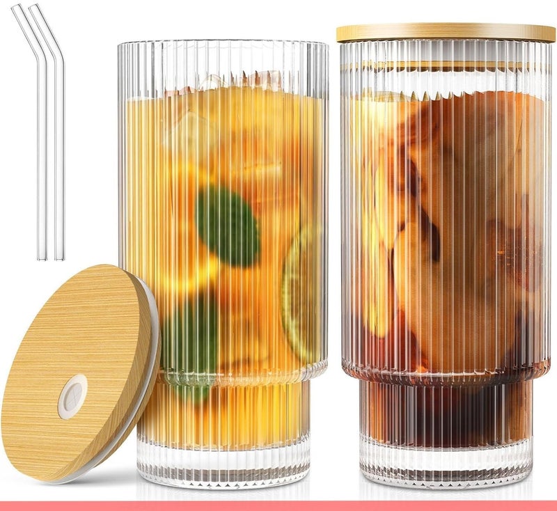 SYANKA Stackable Glass Sipper with Wooden Lid and Straw Pack of 2, 300 ML - Coffee Mug with Lid, Use as a Travel Mug, Mason Jar, Can Sipper, Juice Cup. Ideal for Coffee, Green Tea, Iced Tea - Image 1