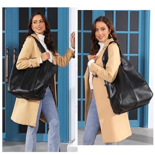 KlaOYer Oversized Leather Tote Bag Large Capacity Work Hobo Pu Leather Bucket Purse And Handbag Big Soft Travel Shopping Bag (Red) - Image 2