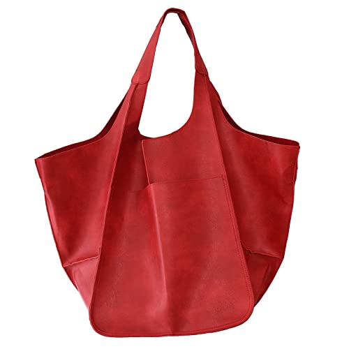 KlaOYer Oversized Leather Tote Bag Large Capacity Work Hobo Pu Leather Bucket Purse And Handbag Big Soft Travel Shopping Bag (Red) - Image 1
