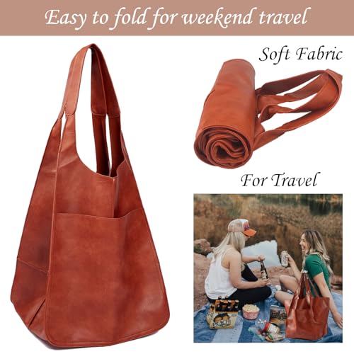 KlaOYer Oversized Leather Tote Bag Large Capacity Work Hobo Pu Leather Bucket Purse And Handbag Big Soft Travel Shopping Bag (Red) - Image 4