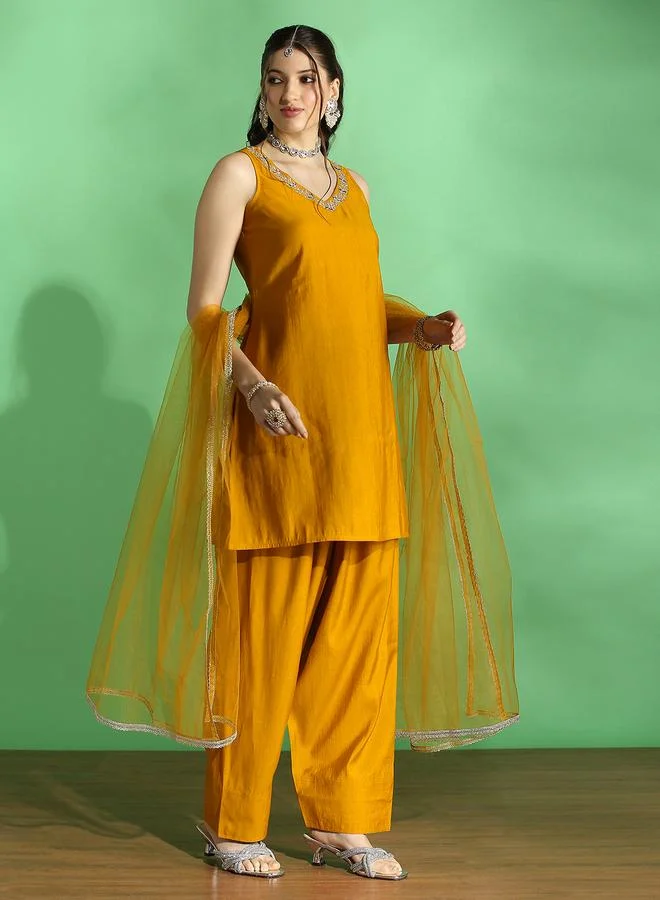 globus Embroidered V Neck Kurta, Wide Leg Pants and Dupatta Set