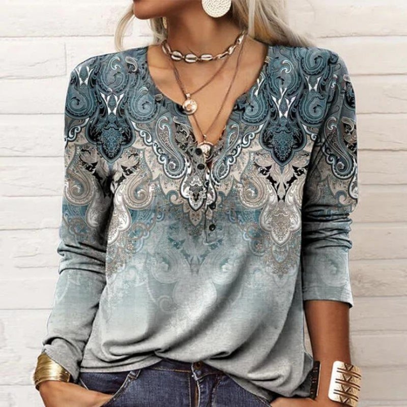 2023 wish new women's long-sleeved printed ethnic fashion T-shirt women - Image 1
