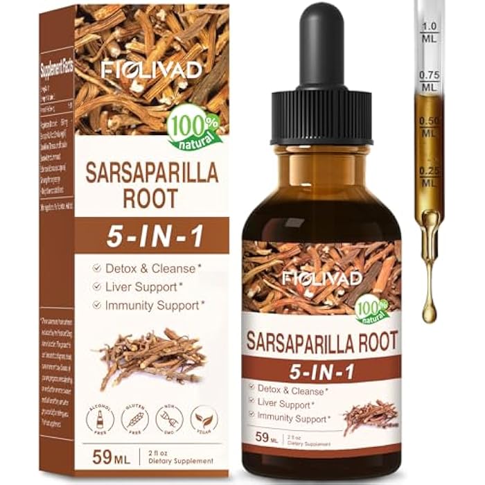 FIOLIVAD قطرات جذر السارساباريلا للتخلص من السموم والتنظيف، دعم الكبد ودعم المناعة. مزيج 5 في 1 مع مستخلص الهندباء والبرودوك والإشيناسيا، مكمل مستخلص جذر السارساباريلا. 2 أونصة - Image 1