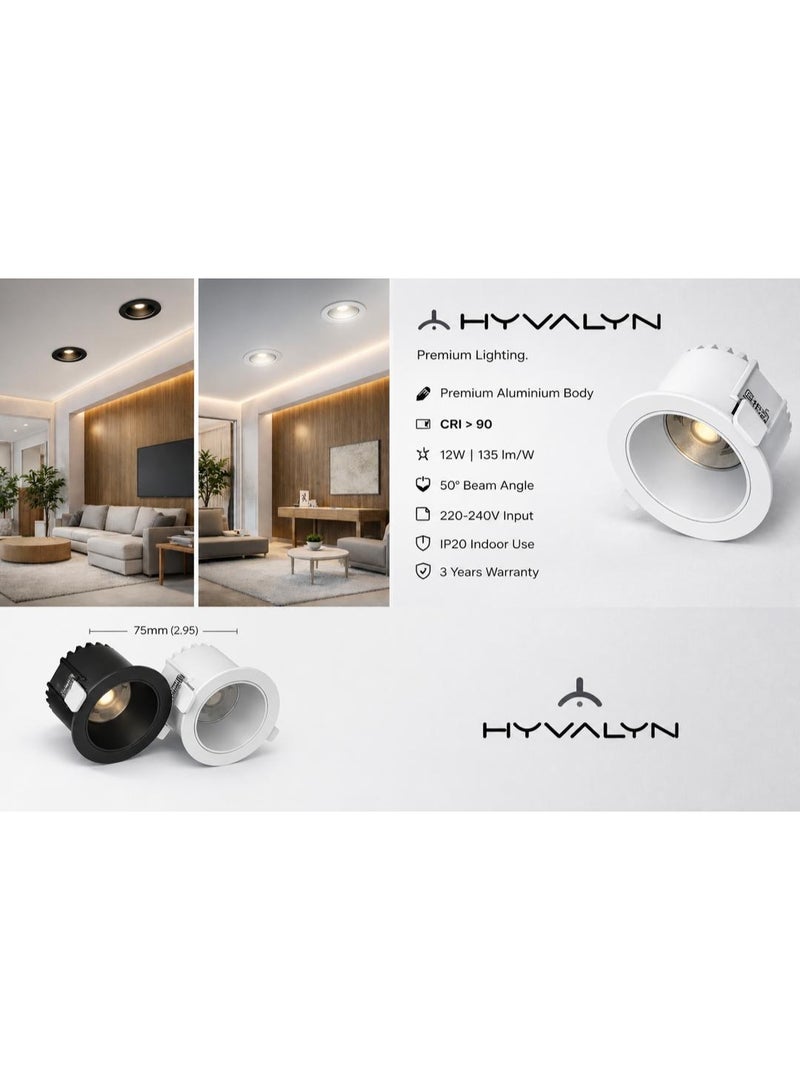 HYVALYN 12W LED Downlight 3000K Warm White – White Body – 75mm Cutout – CRI>90 –  3 Years Warranty - Image 2