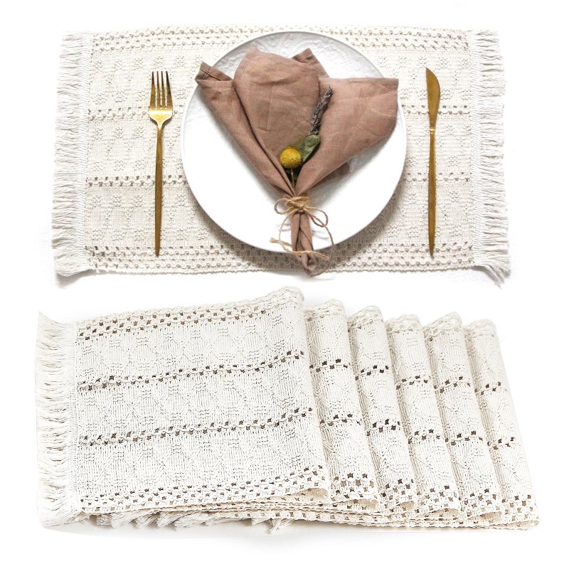 FEXIA Boho Placemats Set of 6, Macrame Table Decor and Farmhouse Style Placemats Natural Cotton Burlap, for Dining Table Kitchen - Image 1
