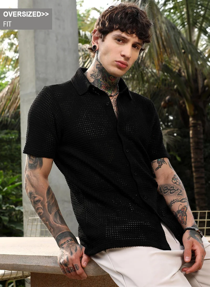 كامبوس سوترا قميص رجالي أسود أونيكس بقصة واسعة محبوك بالكامل للاستخدام اليومي