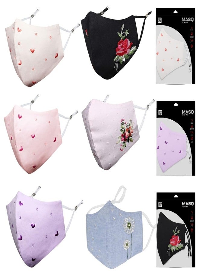 MASQ Hearts and Flowers Reusable, Breathable, Washable, Anti-Bacterial (BFE>99%) 4 Layer Embroidered, Fashionable 100% Pure Cotton Cloth Face Mask for Women with Ear Adjusters (Pack of 6) Multicolour - Image 1