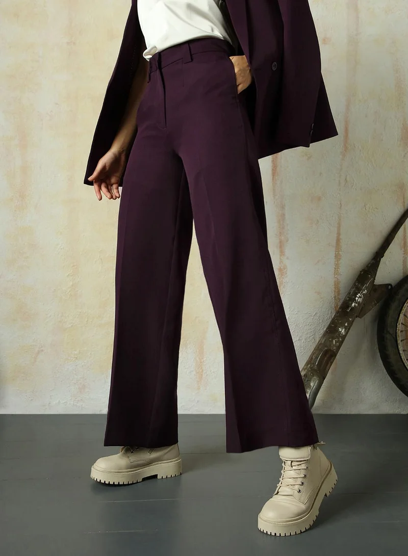 HIGH STAR Women's Wine Polyester Blend Solid Full Length Chinos Wide Leg Trouser