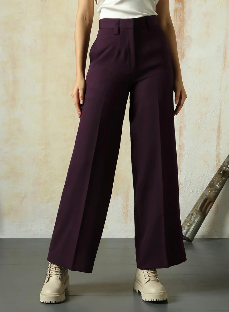 HIGH STAR Women's Wine Polyester Blend Solid Full Length Chinos Wide Leg Trouser