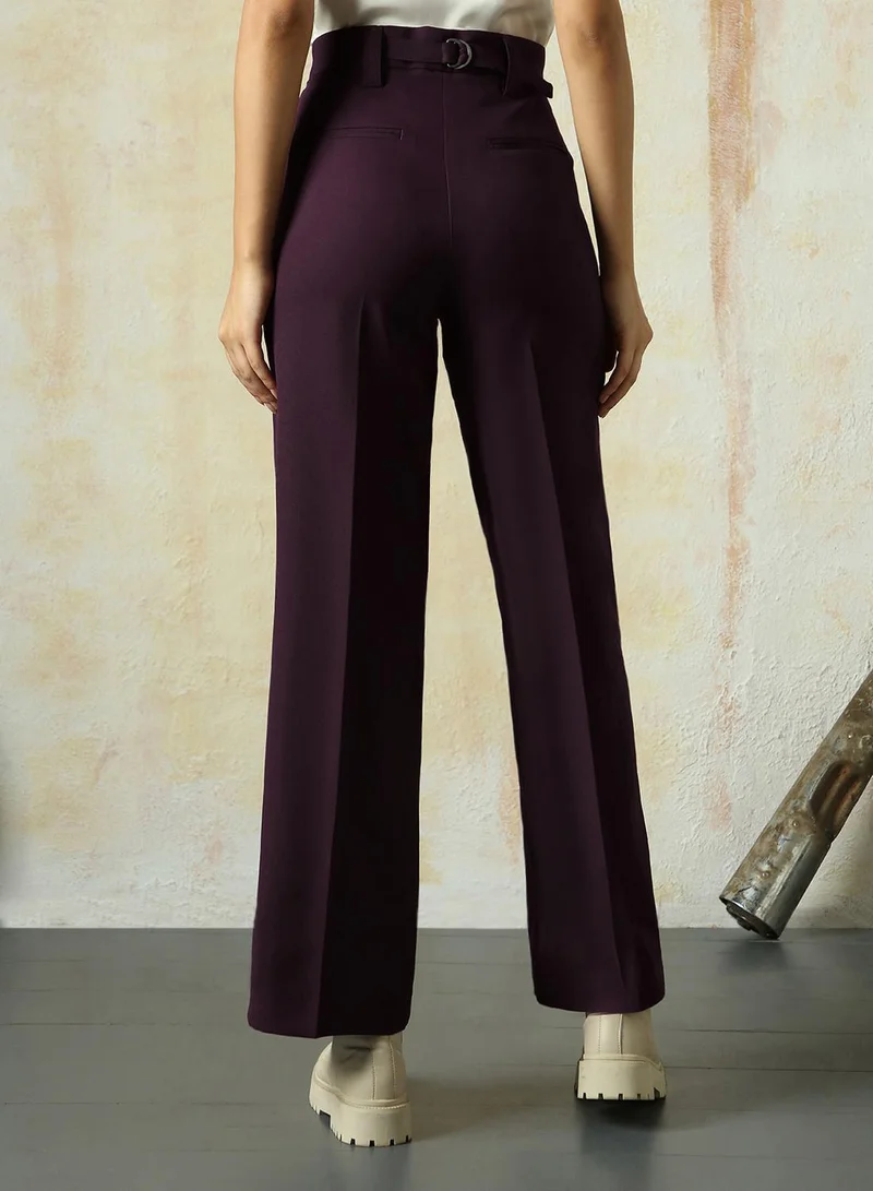 HIGH STAR Women's Wine Polyester Blend Solid Full Length Chinos Wide Leg Trouser