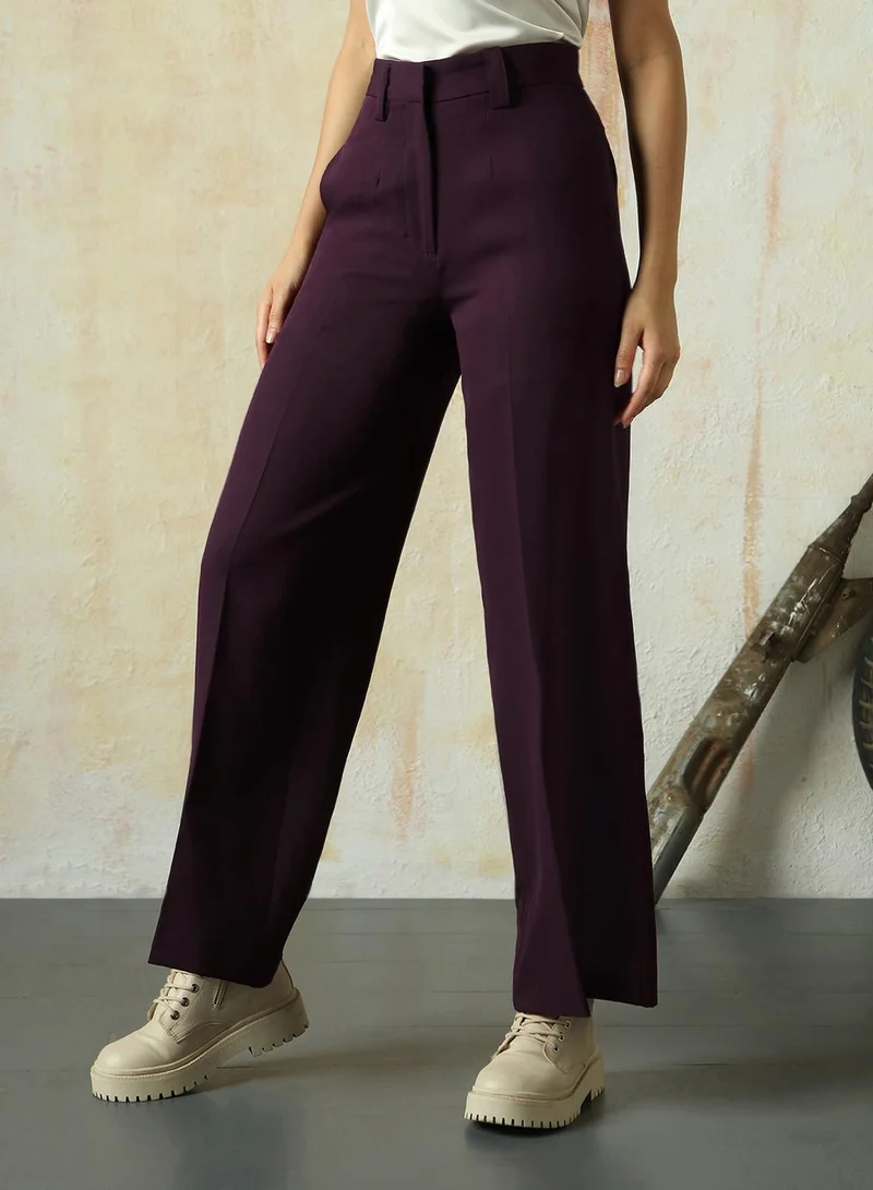 HIGH STAR Women's Wine Polyester Blend Solid Full Length Chinos Wide Leg Trouser