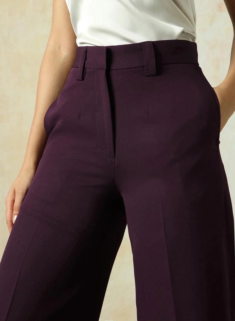 HIGH STAR Women's Wine Polyester Blend Solid Full Length Chinos Wide Leg Trouser