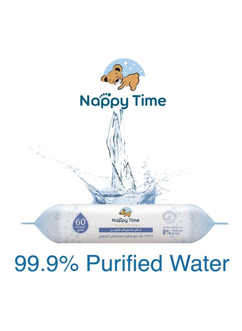 Nappy time - Nappy Time Baby Wipes 99.9% pure water with Chamomile extract; fragrance, alcohol, and paraben free baby wipes, safe for newborn skin, 60 Wipes - Image 1