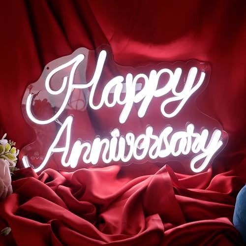 OVG Neon Sign Board LED Light, Happy Anniversary Size 12 inch × 18 inch White Neon for Wedding Occasions, Gifts and Wall Decor (1 Piece Light with Adapter) - Image 1