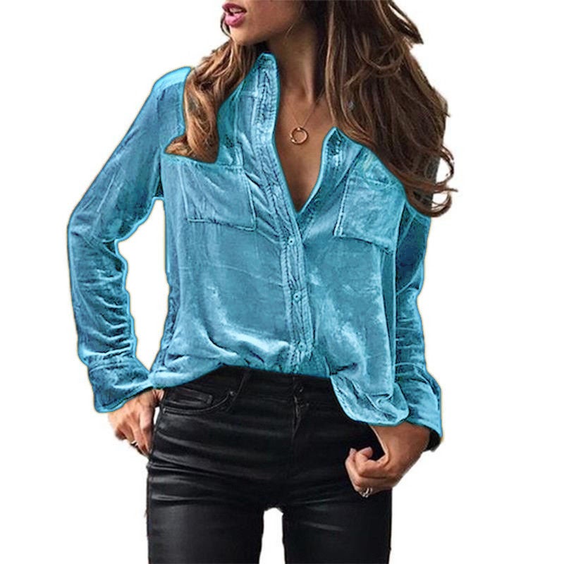 in stock Europe and the United States cross-border Amazon pocket shirt blouse solid color temperament long sleeve single breasted shirt women Light blue