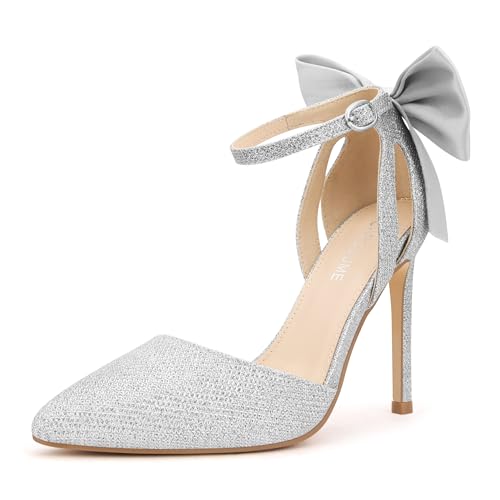 Carcuume Women's Closed Toe Heels Bow Stiletto Heel Sandals Pointed Toe Pumps Wedding Shoes, BELLEOO-Silver-7 - Image 1