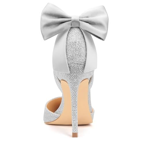 Carcuume Women's Closed Toe Heels Bow Stiletto Heel Sandals Pointed Toe Pumps Wedding Shoes, BELLEOO-Silver-7 - Image 4