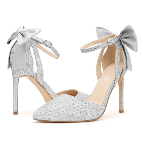 Carcuume Women's Closed Toe Heels Bow Stiletto Heel Sandals Pointed Toe Pumps Wedding Shoes, BELLEOO-Silver-7 - Image 5