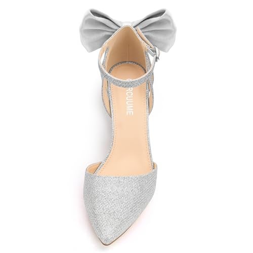 Carcuume Women's Closed Toe Heels Bow Stiletto Heel Sandals Pointed Toe Pumps Wedding Shoes, BELLEOO-Silver-7 - Image 2