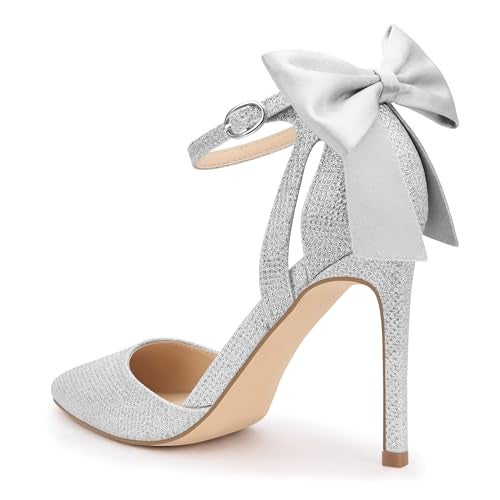Carcuume Women's Closed Toe Heels Bow Stiletto Heel Sandals Pointed Toe Pumps Wedding Shoes, BELLEOO-Silver-7 - Image 3