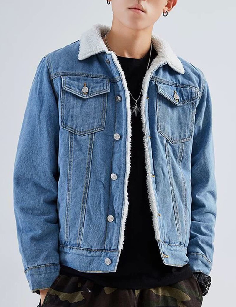 Springrain Men's Sherpa Fleece Lined Denim Jacket Warm Winter Trucker Jacket Cowboy Jean Jacket(LightBlue-M) - Image 2