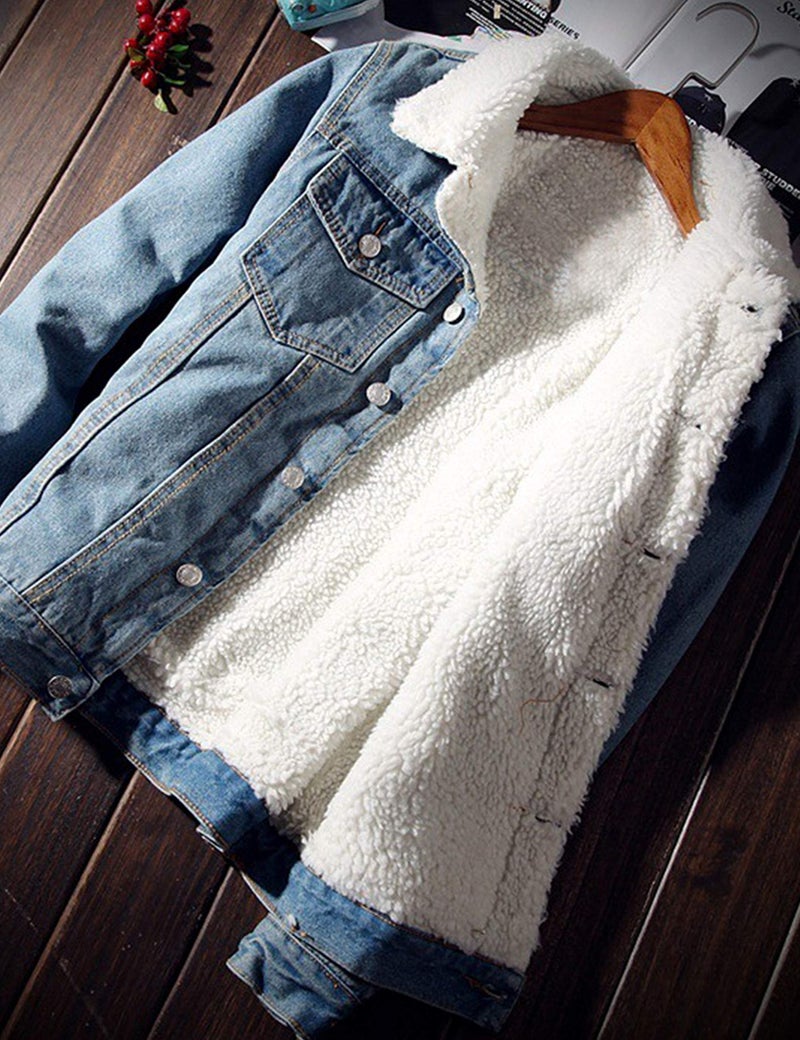 Springrain Men's Sherpa Fleece Lined Denim Jacket Warm Winter Trucker Jacket Cowboy Jean Jacket(LightBlue-M) - Image 3