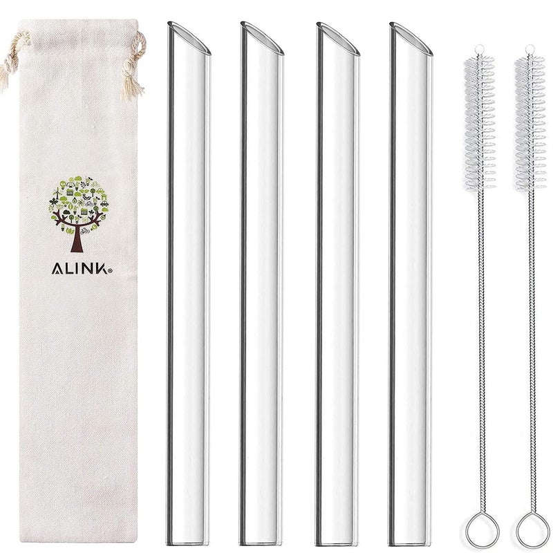 ALINK Reusable Glass Boba Straws, 14mm Extra Wide Clear Smoothie Straws for Bubble Tea, Pack of 4 with 1 Case and 2 Brush - Image 1
