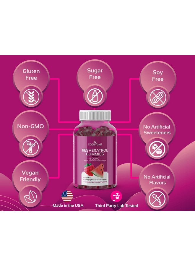 كوجنيتون حلوى جيلاتينية ريسفيراترول - نكهة التوت البري والبطيخ الطبيعية الخالية من السكر، مكمل ريسفيراترول بتركيز 1500 ملجم لدعم القلب والدماغ والمناعة والعافية، مضاد أكسدة قوي مع فوائد مضادة للشيخوخة - Image 5