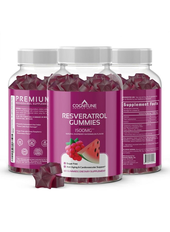 كوجنيتون حلوى جيلاتينية ريسفيراترول - نكهة التوت البري والبطيخ الطبيعية الخالية من السكر، مكمل ريسفيراترول بتركيز 1500 ملجم لدعم القلب والدماغ والمناعة والعافية، مضاد أكسدة قوي مع فوائد مضادة للشيخوخة - Image 1