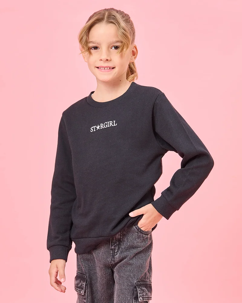 Redtag Girls Black Star Girl Sweatshirt