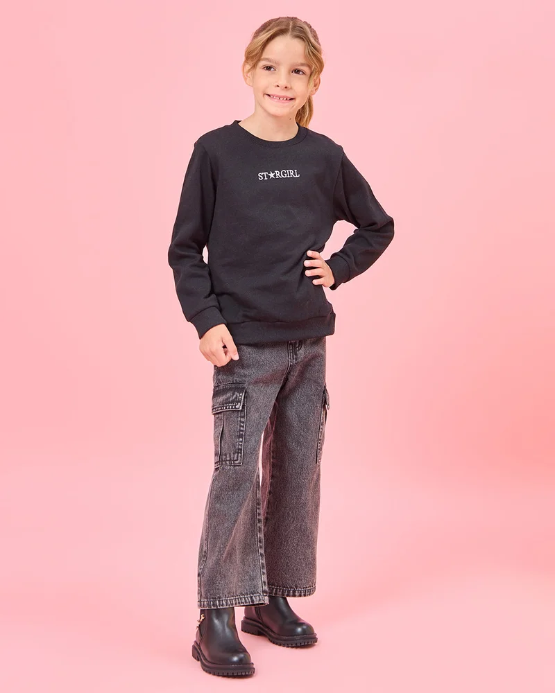 Redtag Girls Black Star Girl Sweatshirt