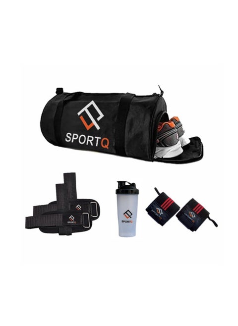 A set of multiple products from SportQ to help you in exercising, a large bag, a shoe pocket, a rack, a protein shaker, a weightlifting barbell, and a weightlifting knee.