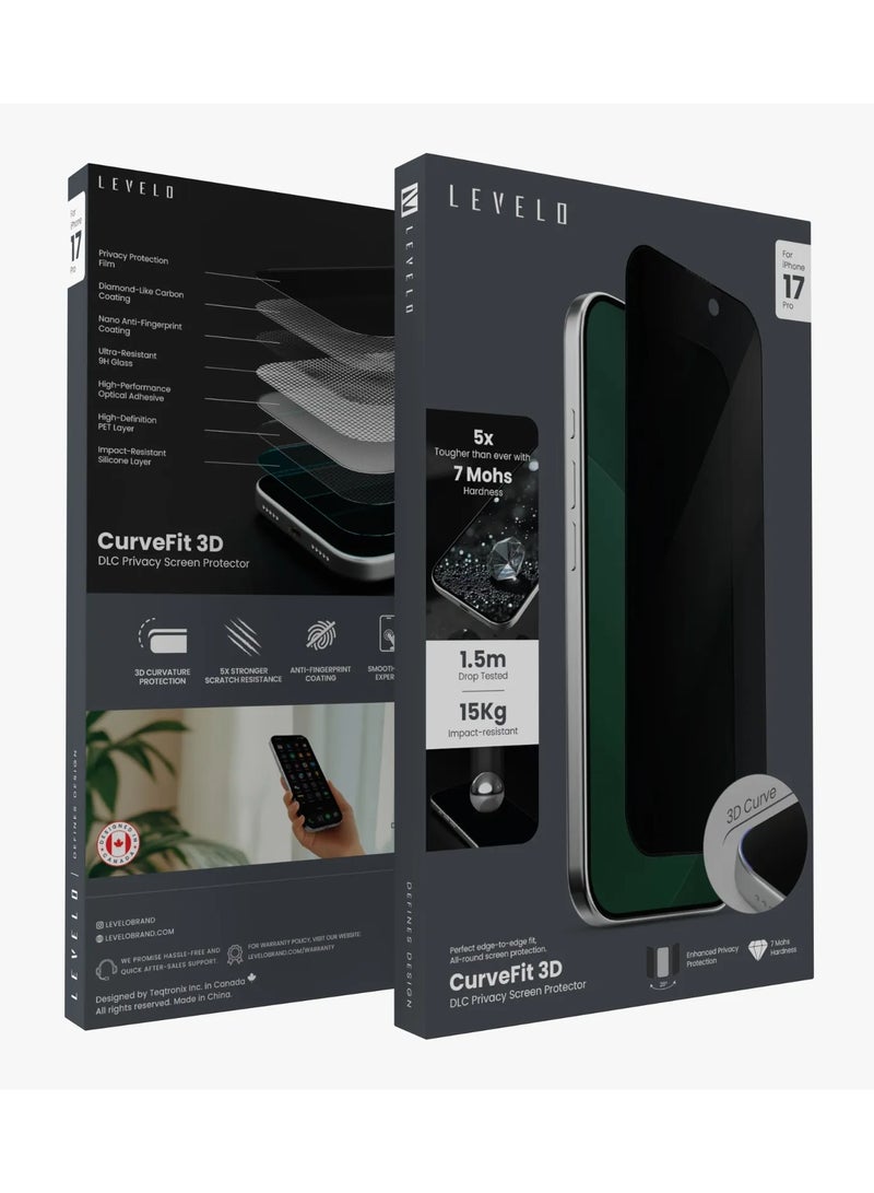 LEVELO iPhone 17 Pro CurveFit 3D DLC Screen Protector / 1.5m Drop Tested / 5X Stronger Scratch Resistance / 15 Kg Impact resistant - Privacy - Image 5