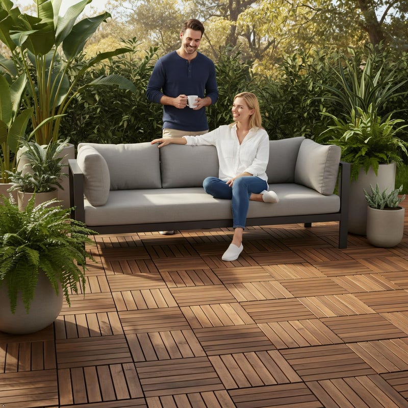 VICTORY RELAX Acacia Wood Decking Tiles 9PCS - Easy Snap Interlocking Deck Tiles for Patio Poolside Balcony Decor - All Weather Waterproof Flooring for Indoor & Outdoor (Round Joints) - Image 2