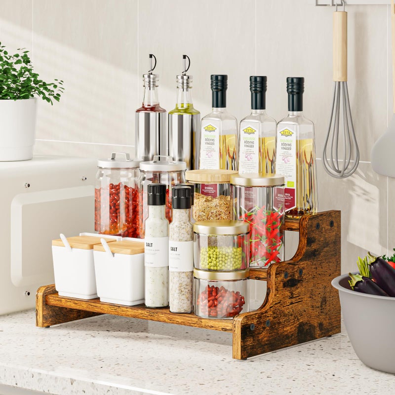 KLM 3-Tier Spice Rack, 13.8 Inch Wood Step Shelf Countertop Spice Storage Holder, Kitchen Pantry Cabinet Organizer Cupboard for Spice Bottles, Jars, Seasonings, Baking Supplies,Bathroom Organizer - Image 2