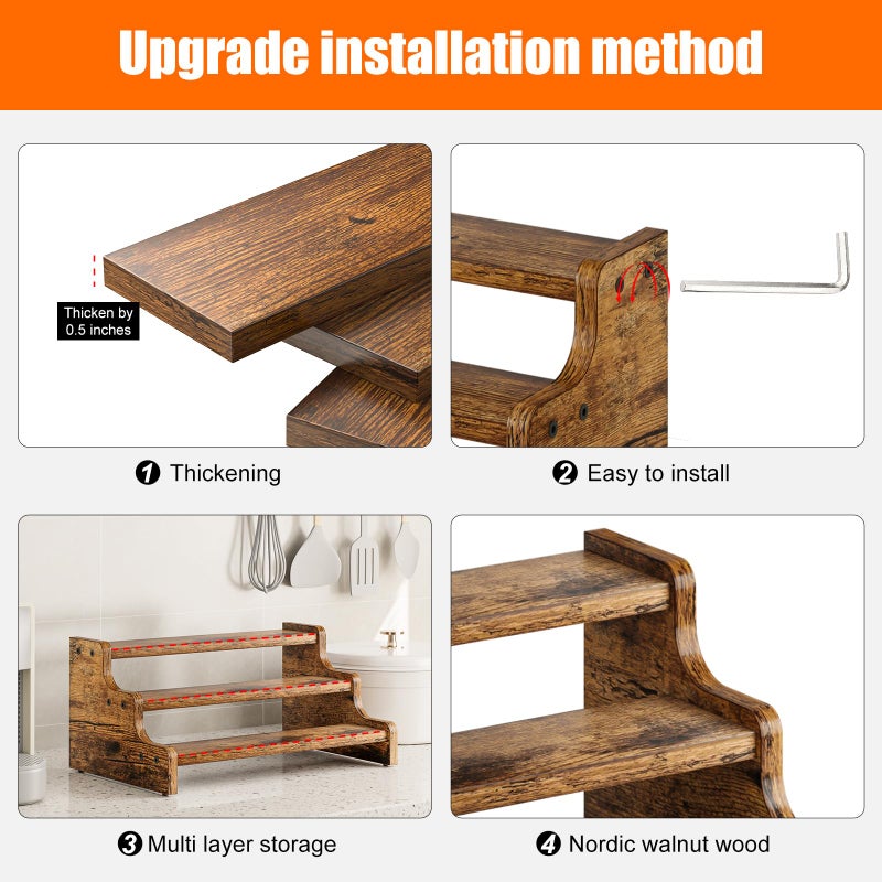 KLM 3-Tier Spice Rack, 13.8 Inch Wood Step Shelf Countertop Spice Storage Holder, Kitchen Pantry Cabinet Organizer Cupboard for Spice Bottles, Jars, Seasonings, Baking Supplies,Bathroom Organizer - Image 5